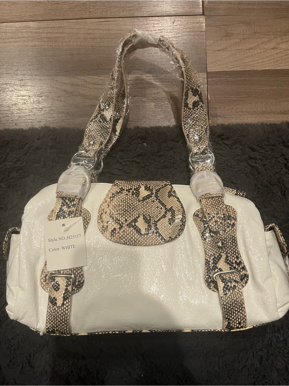 White Shoulder Bag with Snake-Print Trim